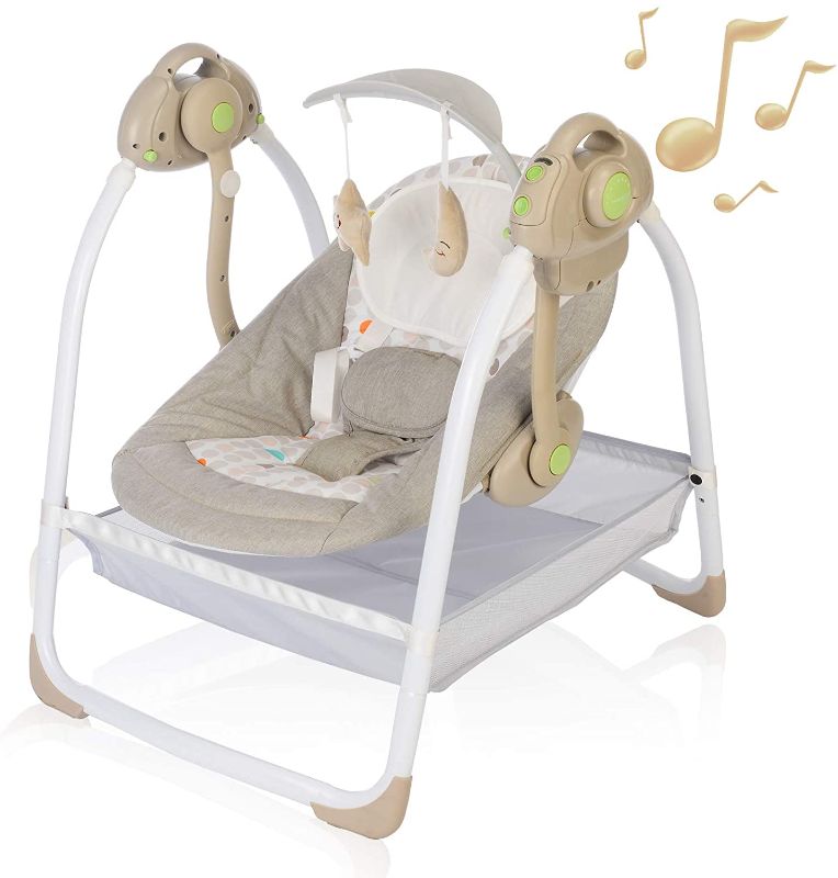 Photo 1 of AiBeeYou Baby Swings for Infants Baby Swing with 6 Motions, Infant Swing with Music, Sounds and Timing Function, Baby Rocker with 2 Toys, Plush Seat & Soft Head Support, Machine Washable Fabric (Khaki)