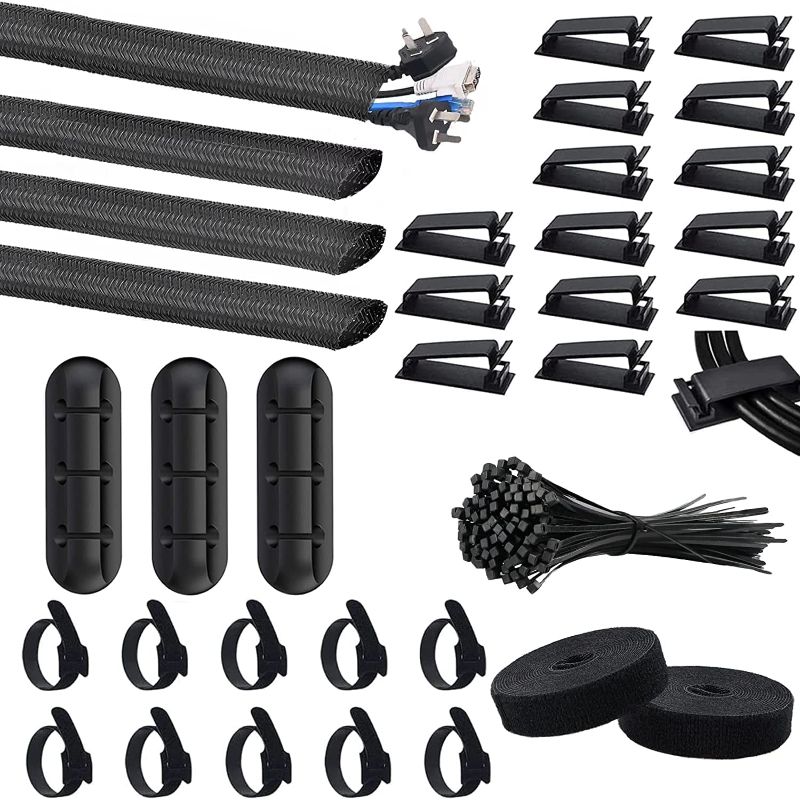 Photo 1 of 152Pcs Cable Management Kit, 4 Wire Organizer Sleeve, 3 Cable Holder, 10+2 Cable Organization Straps, 15 Large Cord Clips, 100 Cable Ties for TV PC Computer Under Desk Office