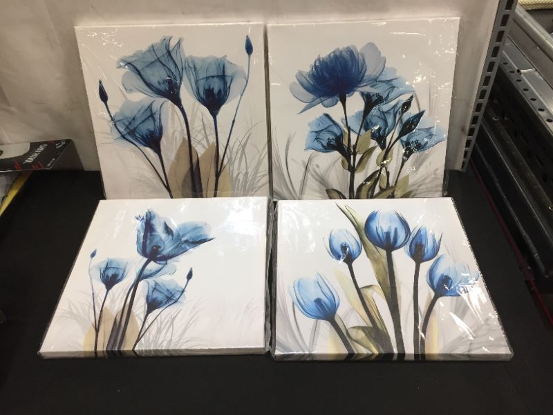 Photo 2 of Abstract Blue Tulip Flower Painting Art 4 Panles Canvas Picture Print Modern Elegant Artwork for Living Room Home Decoration