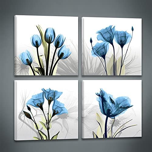 Photo 1 of Abstract Blue Tulip Flower Painting Art 4 Panles Canvas Picture Print Modern Elegant Artwork for Living Room Home Decoration