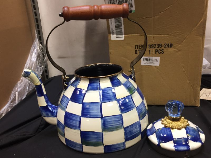 Photo 1 of (the item are good condition)MacKenzie-Childs Royal Check Enamel Tea Kettle, Decorative Teapot, 3-Quart Kettle
