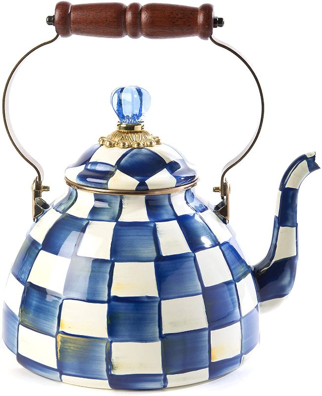 Photo 8 of (the item are good condition)MacKenzie-Childs Royal Check Enamel Tea Kettle, Decorative Teapot, 3-Quart Kettle
