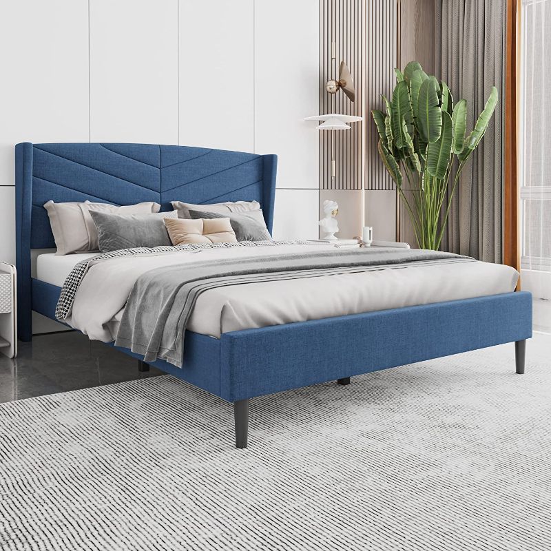 Photo 1 of AGARTT Queen Size Upholstered Platform Bed Frame Mattress Foundation Wood Slat Support Easy Assembly Blue
