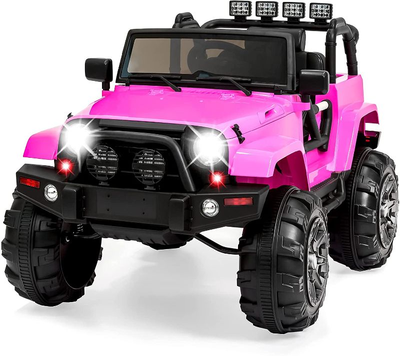 Photo 1 of Best Choice Products Kids 12V Ride On Truck, Battery Powered Toy Car w/ Spring Suspension, Remote Control, 3 Speeds, LED Lights, Bluetooth - Pink
steering is broken and wheel is unnattached - back handle bar broken and front windshield broken
