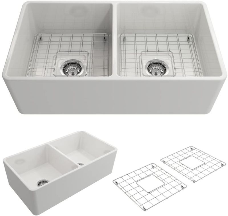 Photo 1 of BOCCHI Classico Farmhouse Apron Front Fireclay 33 in. Double Bowl Kitchen Sink with Protective Bottom Grid and Strainer in White
