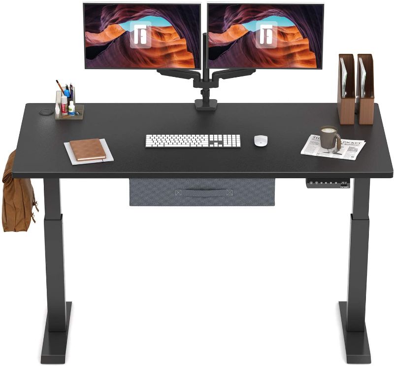 Photo 1 of FEZIBO Height Adjustable Electric Standing Desk, 48 x 24 Inches Stand Up Desk Workstation, Full Sit Stand Home Office Table with Programmable Preset Controller, Black Frame/Jet Black Top
