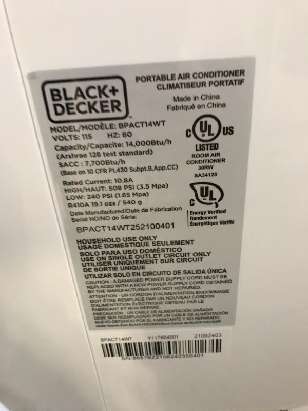 Photo 4 of BLACK+DECKER 8,000 BTU DOE (14,000 BTU ASHRAE) Portable Air Conditioner with Remote Control, White