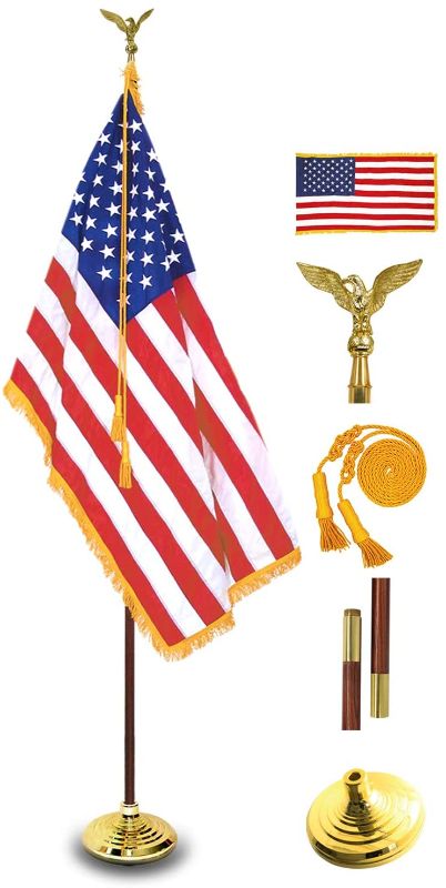 Photo 1 of Anley 8 Ft Presidential Deluxe Indoor USA Flag Pole Set - 8' Oak Pole, Gold Fringed US Flag, Stand, Cord Tassel and Eagle Top Ornament for Offices, Schools, Churches & Auditoriums 8 Foot High
