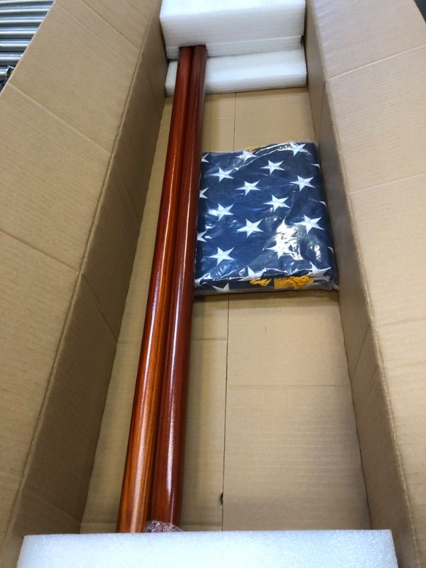 Photo 2 of Anley 8 Ft Presidential Deluxe Indoor USA Flag Pole Set - 8' Oak Pole, Gold Fringed US Flag, Stand, Cord Tassel and Eagle Top Ornament for Offices, Schools, Churches & Auditoriums 8 Foot High
