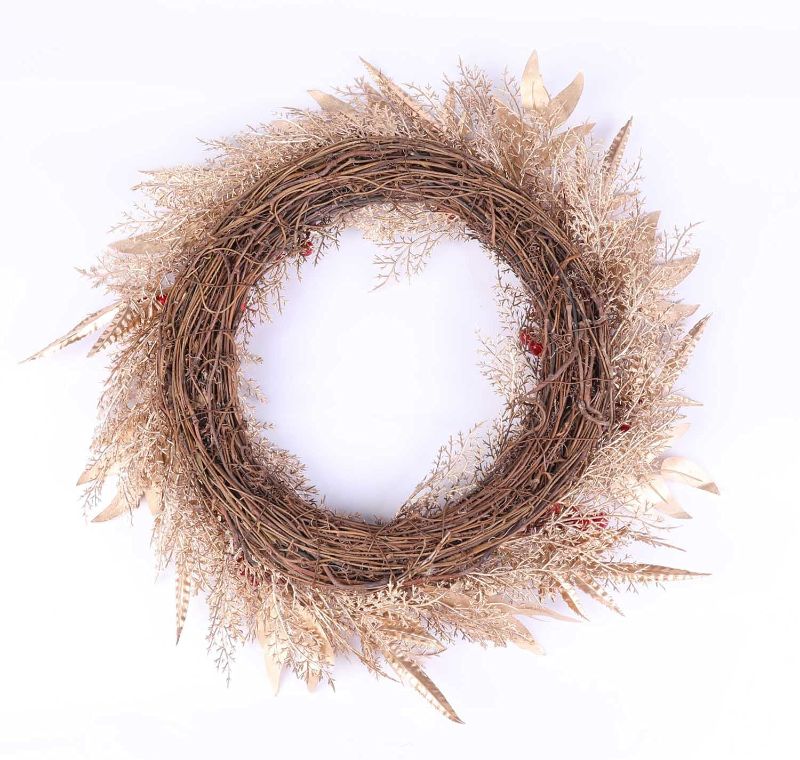 Photo 1 of Christmas and New Year Wreath 20 inch Harvest Wreath for Front Door Wall Festival Decor Party Decor Gold Artificial Flower Wreath Gift for Women