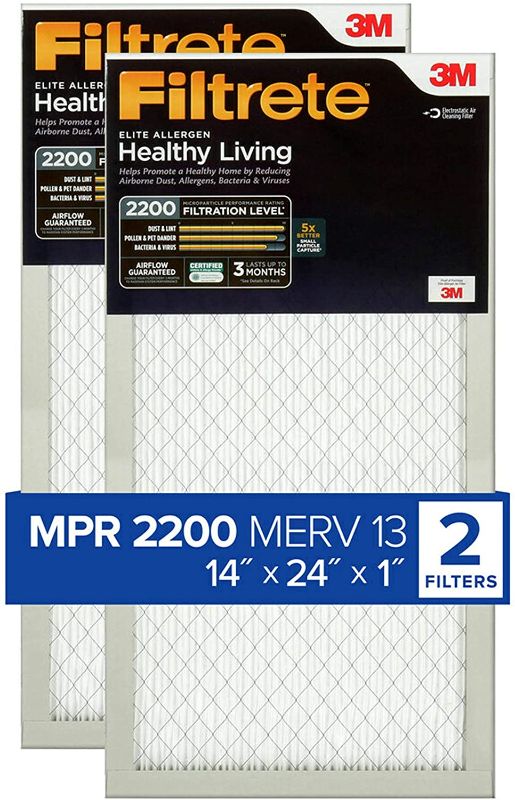 Photo 1 of Filtrete 14x24x1, AC Furnace Air Filter, MPR 2200, Healthy Living Elite Allergen, 2-Pack (exact dimensions 14.375 x 23.84 x 0.783)