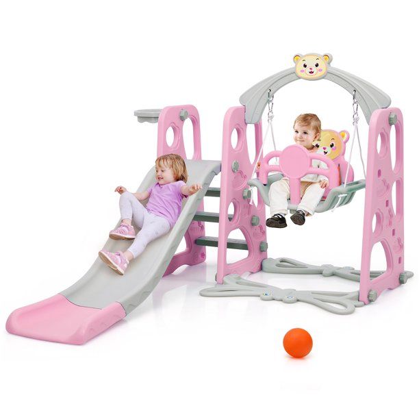 Photo 1 of Costway 4-in-1 Toddler Climber and Swing Set w/ Basketball Hoop & Ball Pink
