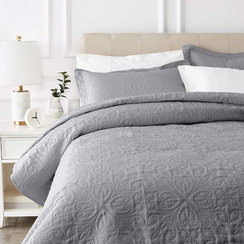 Photo 1 of Amazon Basics Oversized Quilt Bed Set, Embossed Coverlet and Shams - Full/Queen, Dark Gray Floral
