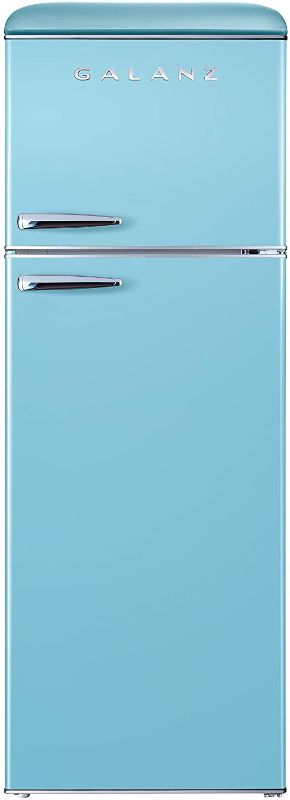 Photo 1 of Galanz GLR12TBEEFR Refrigerator, Dual Door Fridge, Adjustable Electrical Thermostat Control with Top Mount Freezer Compartment, Retro Blue, 12.0 Cu Ft
