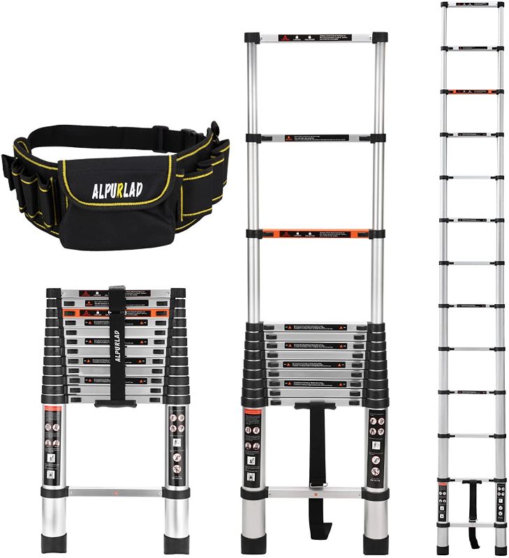 Photo 1 of ALPURLAD Telescoping Ladder 12.5FT Aluminum Extension Ladders Lightweight Collapsible Ladder with Waist Tool Bag Telescopic Ladders for RV, Loft, Attic, Home, 330lbs Capacity
