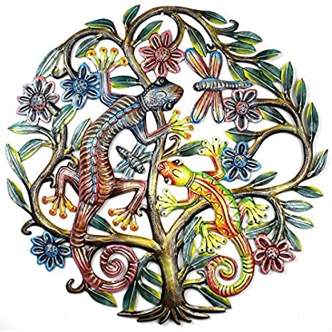 Photo 1 of Global Crafts 24" Recycled Hand-Painted Haitian Metal Wall Art, Painted Gecko in Tree of Life

