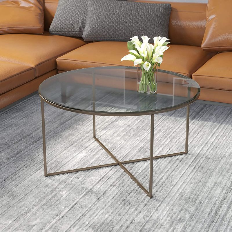 Photo 1 of Flash Furniture Greenwich Collection Coffee Table - Modern Clear Glass Coffee Table - Crisscross Matte Gold Frame
