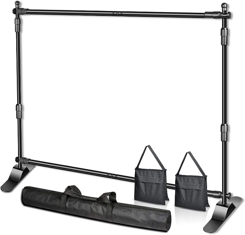 Photo 1 of Emart 8 x 8 ft Adjustable Telescopic Tube Backdrop Banner Stand, Heavy Duty Step and Repeat Background Stand Kit for Photography Backdrop and Trade Show Display
