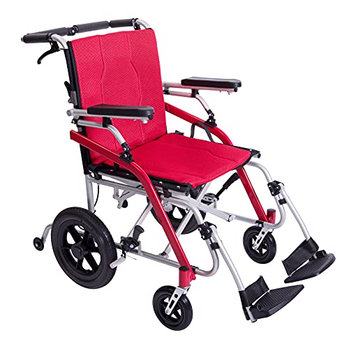 Photo 1 of  Hi-Fortune Magnesium Wheelchair 21 lbs Lightweight Transport Medical Chair with Adjustable Armrests, Hand Brakes and Cushion, Portable & Folding, 18" Seat, 220 lbs Weight Capacity, Red