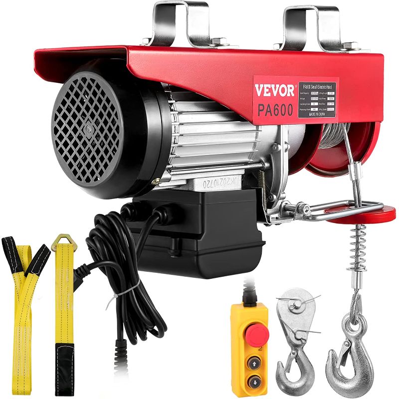 Photo 1 of VEVOR Electric Hoist, 1320LBS Electric Winch, Steel Electric Lift, 110V Electric Hoist with Remote Control & Single/Double Slings for Lifting in Factories, Warehouses, Construction Site, Mine Filed
