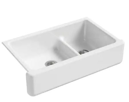 Photo 1 of Whitehaven Smart Divide Self-Trimming Farmhouse Apron Front Cast Iron 36 in. Double Bowl Kitchen Sink in White

