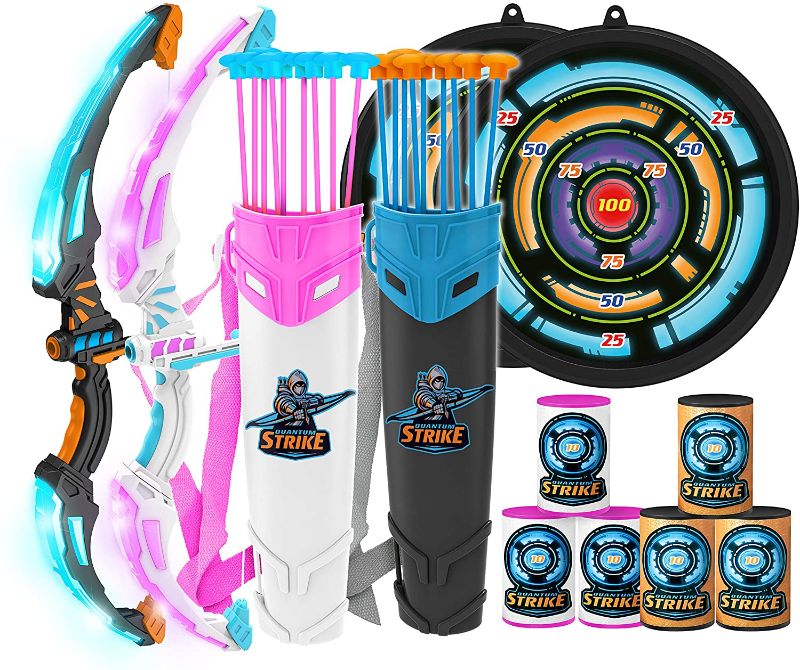 Photo 1 of JOYIN 2 in 1 Combo Set Graviton & Photon Bow and Arrow Archery Toy Set for Kids, Light Up Archery Play Set with 2 Luminous Bows, 18 Suction Cups Arrows, 8 Targets, and 2 Quivers
