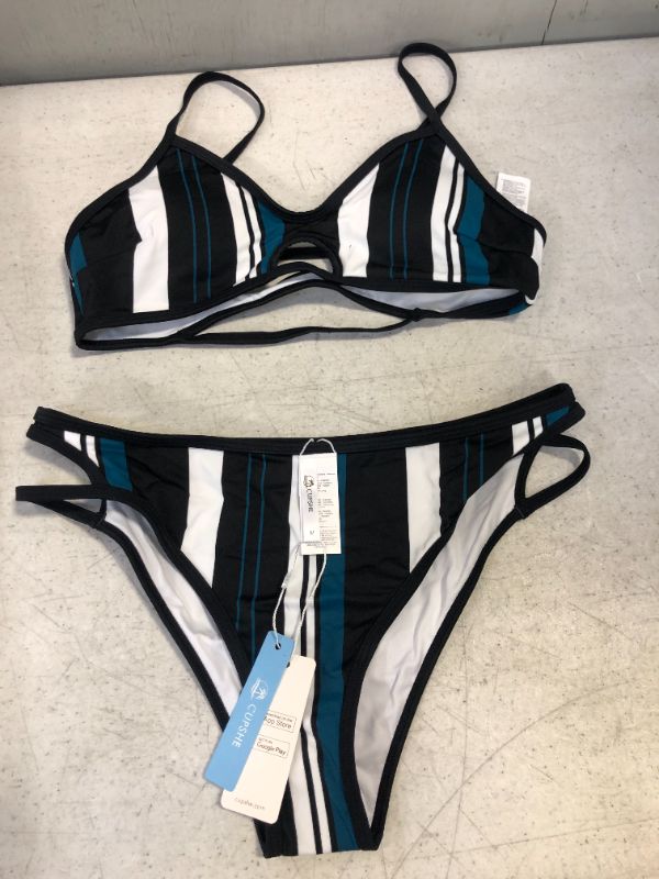 Photo 2 of Blue White And Black Striped Bikini
size medium