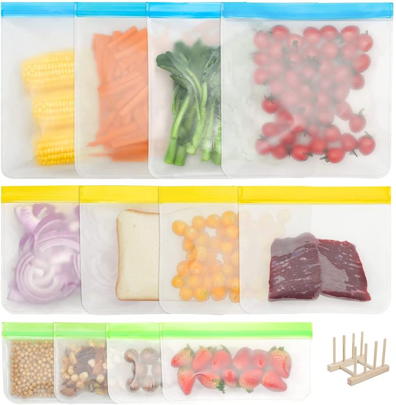 Photo 1 of 12 Pack Reusable Food Storage Bags - Upgrade BPA FREE Freezer Bags (4 Leakproof Gallon Bags + 4 Reusable Sandwich Bags + 4 Food Grade Kid Snack Bag) Ziplock Lunch Bag for Meat Fruit (With Drying Rack)
