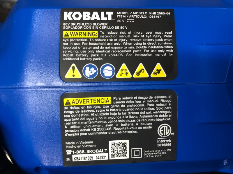 Photo 4 of Kobalt 80-volt Max 630-CFM Brushless Handheld Cordless Electric Leaf Blower 2.5 Ah Battery and Charger NOT INCLUDED