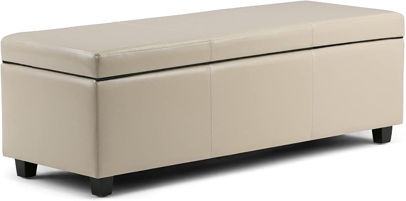 Photo 1 of SIMPLIHOME Avalon 48 inch Wide Rectangle Lift Top Storage Ottoman Bench in Upholstered Satin Upholstered Cream Faux Leather with Large Storage Space for the Living Room, Entryway, Bedroom
