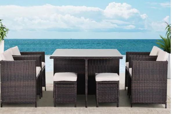 Photo 1 of BOX 1 OF 3 - ONLY THE SIDES - 9-Piece Rattan Conversation Set with Beige Cushions Patio Rattan Dining Set
