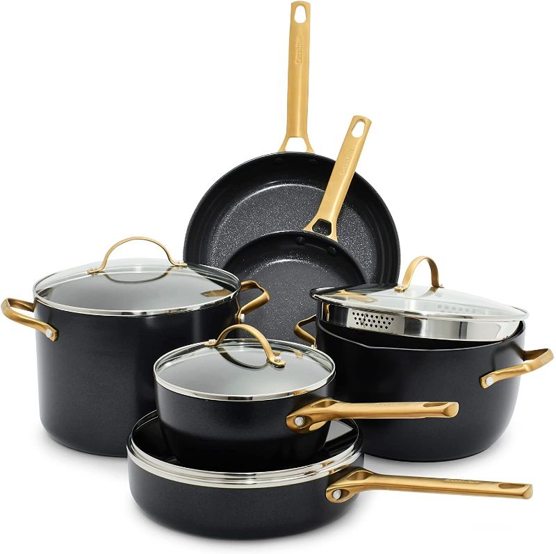 Photo 1 of GreenPan Reserve Hard Anodized Healthy Ceramic Nonstick 10 Piece Cookware Pots and Pans Set, Gold Handle, PFAS-Free, Dishwasher Safe, Oven Safe, Black
