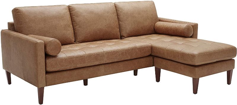 Photo 1 of Amazon Brand – Rivet Aiden Mid-Century Modern Reversible Sectional Sofa (86") - Cognac Leather
