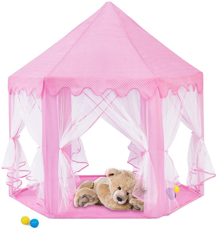 Photo 1 of WIOR Play Tent for Girls with Classic Castle Design, Foldable Pop Up Kids Play Tent, Large Hexagon Kids Playhouse Fairy Toys for Children/Toddlers Indoor Outdoor Pretend Games-55'' x 53'' (Pink)
