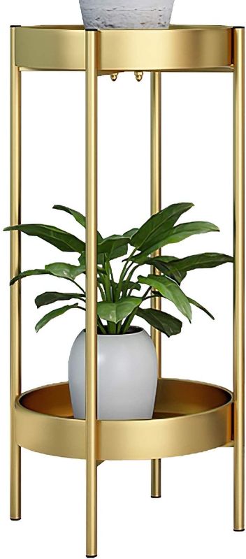 Photo 1 of 34in Height Modern Tall Plants Stand, Orchid Display Rack Potted Plant Holder Gold Metal Shelf 2 Round Tray Set Foldable Sturdy Flowers Pot Base for Indoor Outdoor Home Decor Fit Up-to 12 Inch Planter  NO HARDWARE 