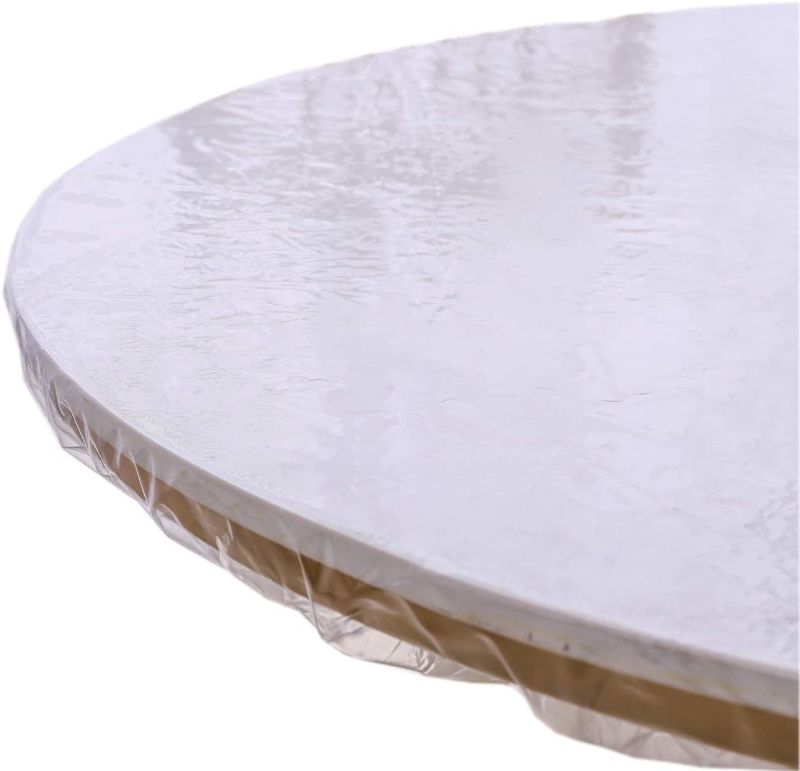 Photo 1 of Clear Round Vinyl Fitted Tablecloth Waterproof Oilcloth Heavy Duty Elasticized Table Cover Elastic Edge Design Plastic Tablecloth Protector For Round Table (Small Round Fits Table up 40"-44" Diameter)
