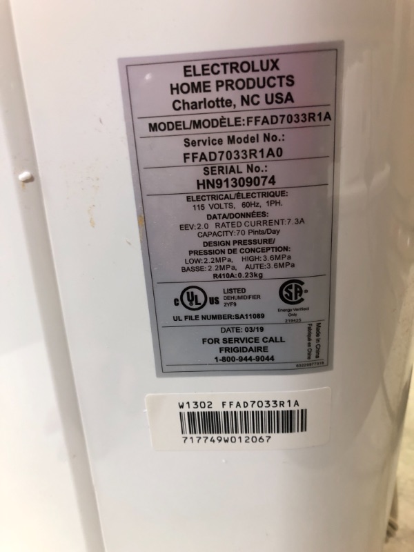 Photo 5 of Frigidaire FFAD7033R1 70 Pint Dehumidifier Low Temp Energy Star

