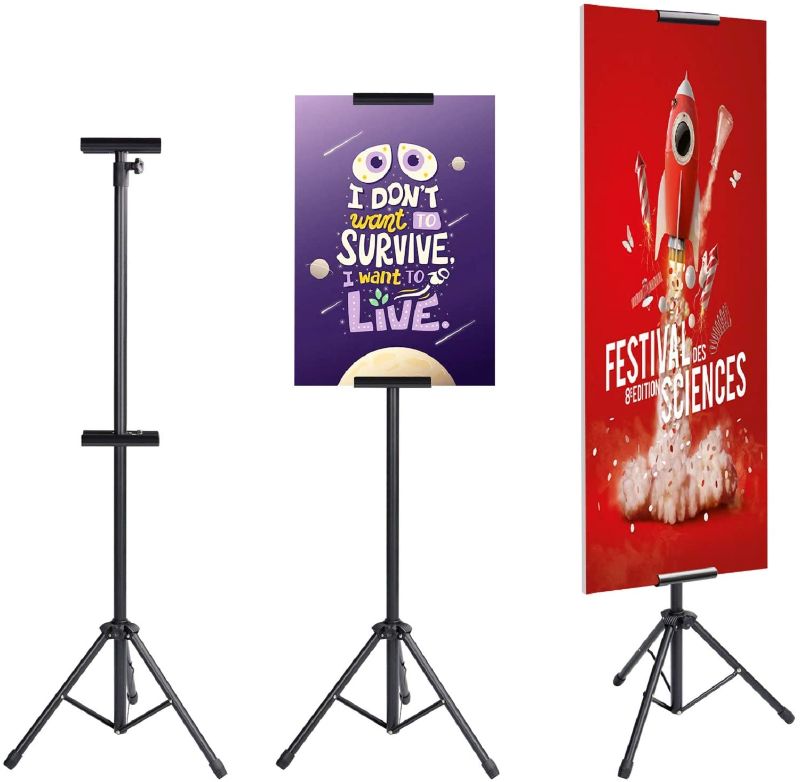 Photo 1 of AkTop Heavy Duty Tripod Banner Stand, Adjustable Poster Stand Retractable Height Up to 79.9 inches, Double-Sided Floor Standing Sign Holder for Board Sign Display
