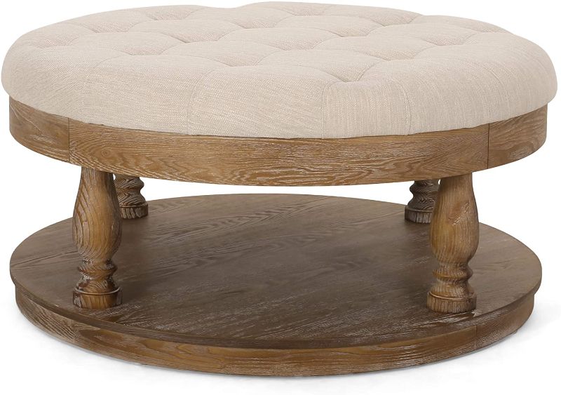 Photo 1 of Christopher Knight Home Francis Contemporary Fabric Round Ottoman, Beige and Weathered
