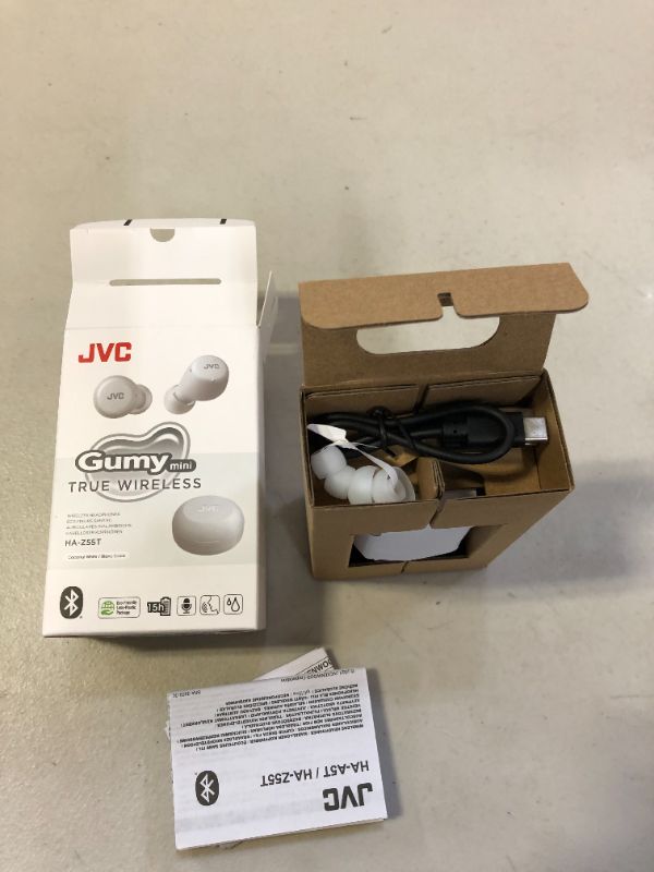 Photo 1 of JVC Gumy Mini True Wireless Earbuds Headphones, Bluetooth 5.1, Water Resistance(IPX4), Long Battery Life (up to 15 Hours) - HAZ55TW (White) USED BUT LOOKS NEW

