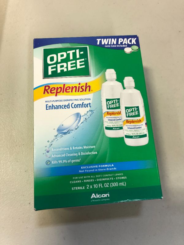 Photo 2 of  OPTI-FREE Replenish Multi-Purpose Disinfecting Solution with Lens Case, Twin Pack, 10-Ounces Each
EXP DEC 2022 (STICKER ON BOX)