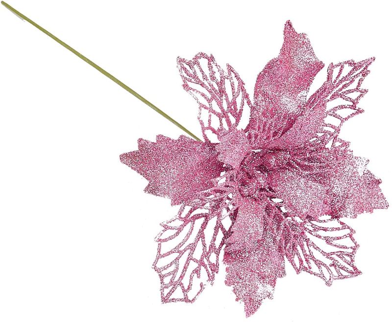 Photo 1 of 12 pcs 6” Christmas Poinsettia Flower, Glitter Poinsettia Tree Ornaments, Pink Artificial Flower Decorating Wreath Garland, Great for Wedding Holiday and Home Decor, with Stems
