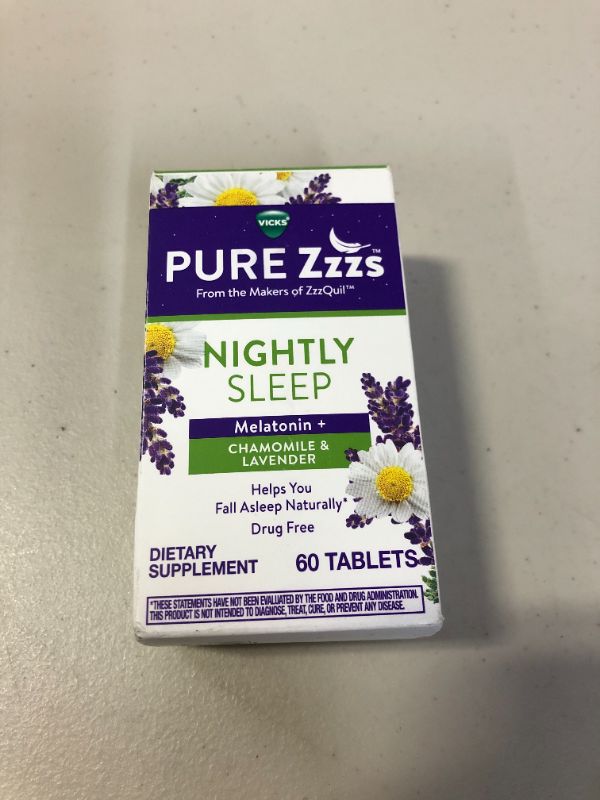 Photo 2 of ZzzQuil PURE Zzzs, Nightly Sleep, Melatonin Sleep Aid Tablets with Chamomile, Lavender, & Valerian Root, Drug-Free, 60 Tablets
