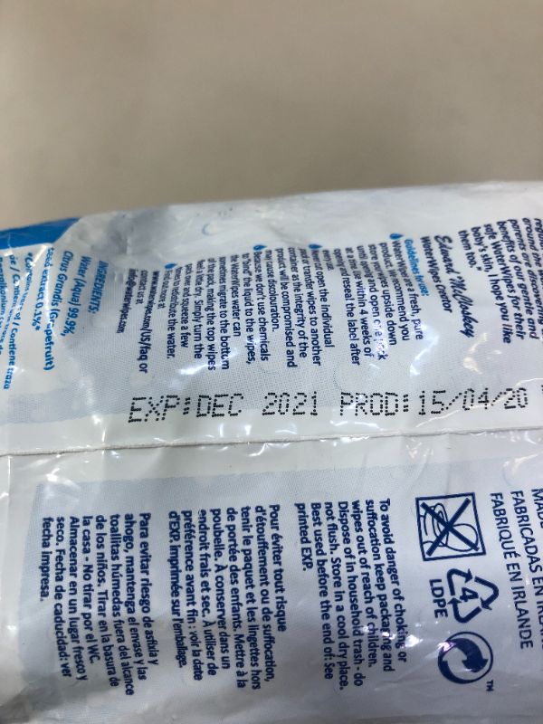 Photo 1 of WaterWipes Biodegradable Original Baby Wipes,?99.9% Water Based Wipes, Unscented & Hypoallergenic for Sensitive Skin, 240 Count (4 packs) EXP 12.2021