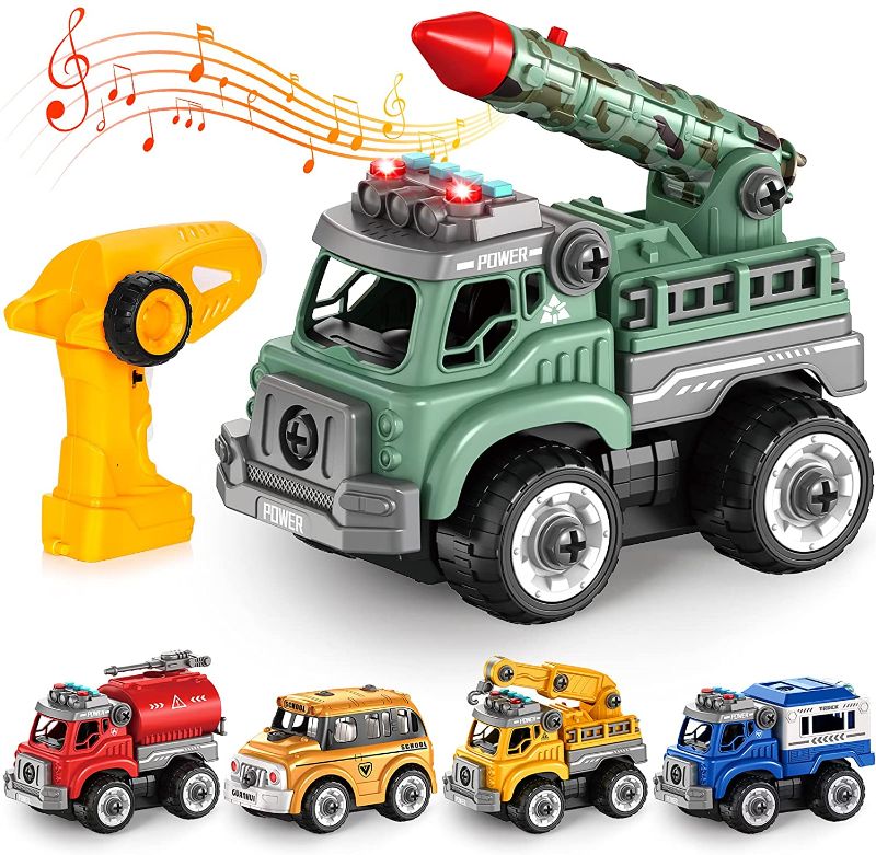 Photo 1 of 5 in 1 Remote Control Take Apart Toys with Electric Drill, Crane, Fire Truck, School Bus, Police Car, Missile Truck, Construction Truck, Preschool STEM Gifts for 3, 4, 5 Years Old Boys Girls Kids

