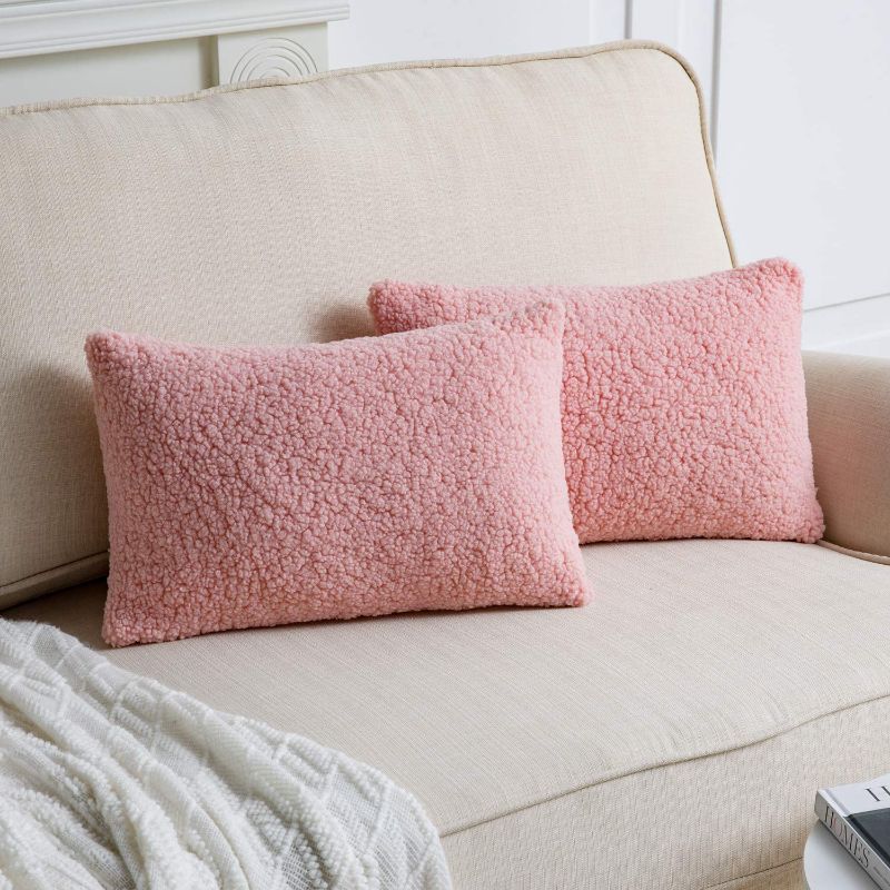 Photo 1 of Anickal Set of 2 Rose Pink Blush Lumbar Decorative Luxury Faux Curly Wool Fur Pillow Covers 12x20 Inch Soft Wool Throw Pillow Cases Cushion Covers for Sofa Couch Bedroom Living Room Home Decoration

