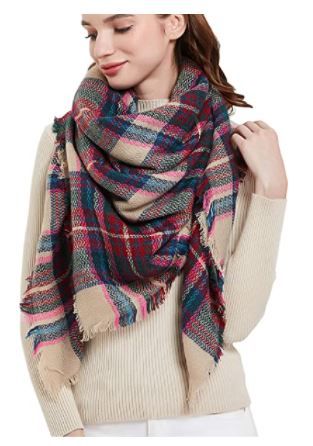 Photo 1 of Wander Agio Womens Scarf Square Winter Shawls Large Infinity Scarves Stripe Plaid Scarf Beige Pink 