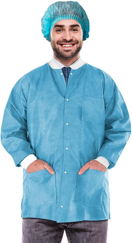 Photo 1 of EZGOODZ Disposable Lab Jackets,33in.Pack of 10 Blue Hip-Length Work Gowns Xxl.SMS 50 gsm Shirts with Snaps Front,Knit Cuffs and Collar,3 Pockets.Unisex PPE Body Protective Short Coats,10JMB2XL
