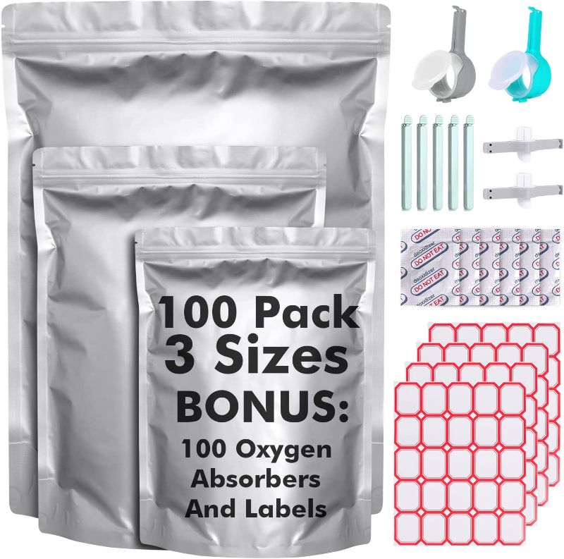 Photo 1 of 100Pack Mylar Bags for Food Storage With 100 Oxygen Absorbers 300cc - 1 Gallon 4 Mil 10"x14", 6"x9", 4"x6" - Resealable Bags for Packaging Products 100 Sticker and 4 Sealer Clip
