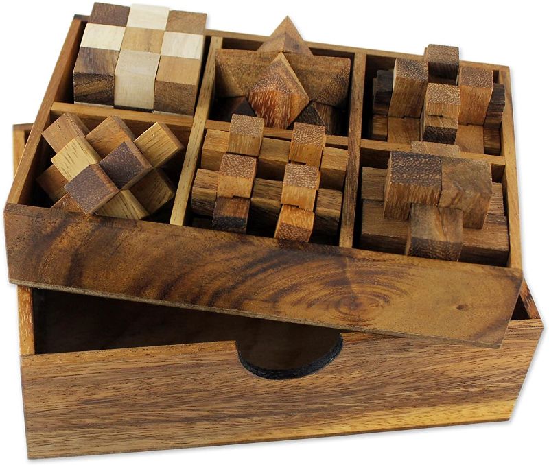 Photo 1 of NOVICA Handmade Rain Tree Wood Puzzle Set, Brown Color
